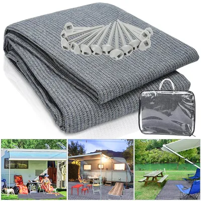 Image de Tapis d'auvent 3 x 2,5 m, tapis de camping pour tente, camping-car et équipement de camping, tapis de camping en HDPE avec sac de transport et 13 piquets