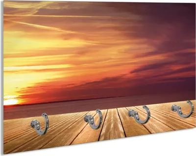Produktbild von Wallario Schlüsselbrett aus Glas, Motiv: Steg am See - Sonnenuntergang und roter Himmel, 30 x 20 cm mit 4 Haken