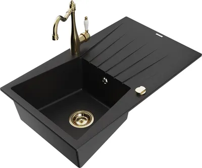 Produktbild von Mexen Cesar 1 Becken-Granitspüle mit Abtropffläche und Mischbatterie Carla, Schwarz - 6514-77-670700-50