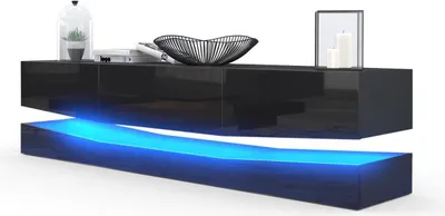 Produktbild von Vladon Lowboard City,  Germany, TV-Kommode mit Sockelelement, 1 offenem Fach und 3 Schubkästen, Schwarz matt/Schwarz Hochglanz, inkl. LED-Beleuchtung (178 x variabel x 39 cm)
