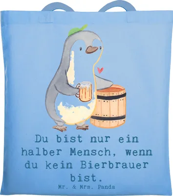 Produktbild von Mr. & Mrs. Panda Shopping Tasche Bierbrauer Herz - Sky Blue - Geschenk, Bierfass, Jutebeutel, Tote Bag, Laptoptasche, Biergeschenk, Hobbybrauen, Schultasche
