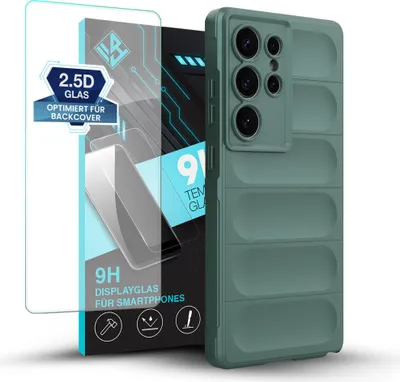 Produktbild von Handy Hülle für Samsung Galaxy S25 Ultra mit 9H Displayglas Displayschutz Plus Grip Case Cover Schutzhülle Softgrip Farbe: Grün