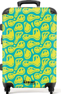Produktbild von NoBoringSuitcases.com Hartschalen Koffer Mittelgroß 67x43x25 cm, 72L, Bunte Drucke für Frauen: Grün mit gelben Smileys, Reisekoffer mit 4 Rollen