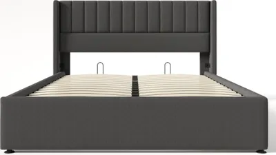 Produktbild von Flieks Polsterbett 160x200cm, Hydraulisches Boxspringbett mit Lattenrost, Stauraumbett Doppelbett Massivholzbett, Leinenstoff, Grau