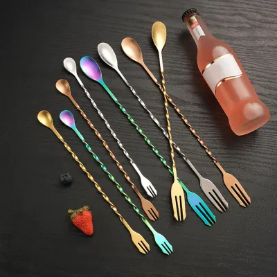 Produktbild von Cocktaillöffel mit Gabel, Doppelköpfen, Edelstahl, langer Spiralgriff, Rührstab-Zubehör