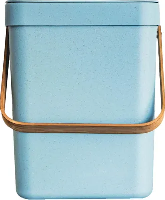 Produktbild von Blauer Küchenabfalleimer 5L aus recyceltem Weizenstroh-Kunststoff mit Bambusgriff für Wand & Tür
