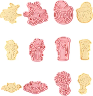 Obrázek produktu pro CANDeal 6 kusů Halloween Cookie Cutters, Halloween Cookie Cutter and Stamp With Presser, Pumpkin, Ghost, Cat, Bat, Spider, Witch, 3D Cookie Cutter, Cake Decoration, Fodant Stamp