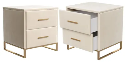 Obrázok produktu pre Nočné stolíky, sada 2 kusov - Nočný stolík - 2 zásuvky - Kovové nožičky - Zamatová látka - 40 x 40 x 50 cm - Krémová farba