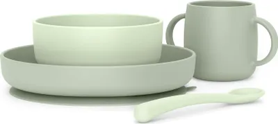 Produktbild von Suavinex, Kindergeschirr Set, Baby-Essensset, Silikongeschirr, Kinderteller mit Saugnapf. Teller + Schüssel + Löffel + Tasse. Lebensmittelgerechtes Silikon, Spülmaschinenfest, Mikrowellengeeignet Grün