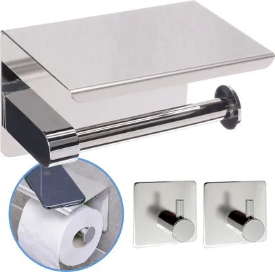 Produktbild von Sanics WC-Rolhalter Silber – Toilettenpapierhalter ohne Bohren – WC-Papierhalter mit Ablage - Selbstklebend - Edelstahl - +2 Selbstklebende Handtuchha