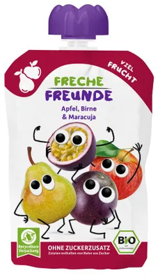 MUS JABŁKO - GRUSZKA - MARAKUJA BEZ DODATKU CUKRÓW BEZGLUTENOWY OD 6 MIESIĄCA BIO 100 g - FRECHE FREUNDE