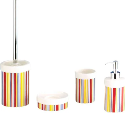 Produktbild von 4tlg Set Bad Accessoires WC Bürste Seifenspender Zahnputzbecher Seifenschale Streifen