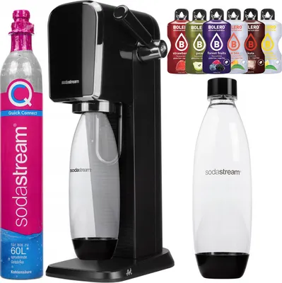 A SodaStream water carbonator with a CO2 cartridge, a reusable bottle, and several flavor syrups.