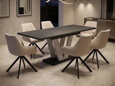 Produktbild von ENDO-Möbel Essgruppe "Lara White" - Esstisch ausziehbar 130-210cm in Beton Dunkel für 6 Personen mit Stühlen in Leinen-Beige