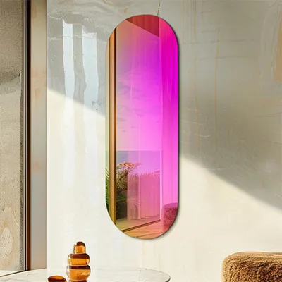 Image de Miroir mural ovale Vrygle Rainbow 120 x 44,5 cm, miroir décoratif irisé sans cadre, miroir mural moderne pour le salon, la chambre et le couloir