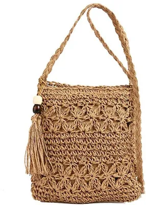 Obrázok produktu pre Ibenzoa® Boho kabelka cez rameno pre dámy – ručne tkaná, s frnčekmi, 23 x 8 cm, s bavlnenou šnúrkou a sieťovinou, vhodná na leto a na pláž