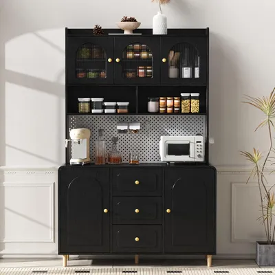 Produktbild von Moderner Hochschrank Küchenschrank mit Lochbrett Massivholzbeinen Barschrank 3 Schubladen Buffetschrank für Küche Esszimmer Schwarz 120cm