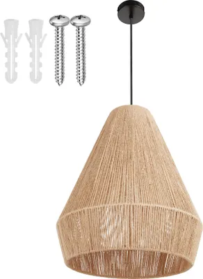 A pendant light with a woven shade and mounting hardware against a white background.