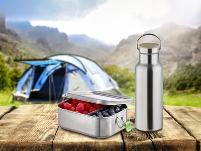 Produktbild von Set Trinkflasche & Lunchbox aus Edelstahl, Brotdose Thermosflasche auslaufsicher