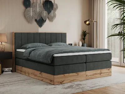 Produktbild von MKS MEBLE King Boxspringbett 160x200 mit Bettkasten Eiche, Polsterbett 160x200 mit Matratze H3, Bett 160x200 mit Rahmen in Wotan Eiche und Kopfteil - Dunkelgrau Struktur - Bellissimo King