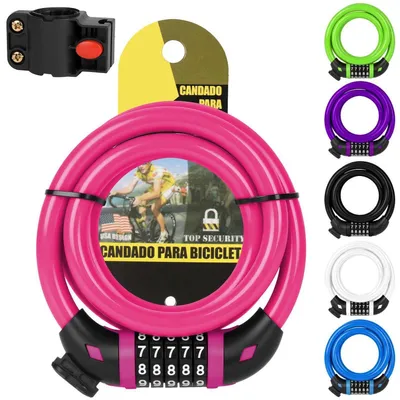 Immagine prodotto di Lucchetto per bicicletta, cavo da 120 cm, diametro 12 mm, con combinazione numerica a 5 cifre, colore rosa, con supporto