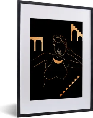 Produktbild von MuchoWow® Gerahmtes Poster Frau - Gold - Strichzeichnung 30x40 cm - Poster mit Schwarzem Bilderrahmen Wandposter Rahmen Foto Bilder - Wandposter Schlafzimmer