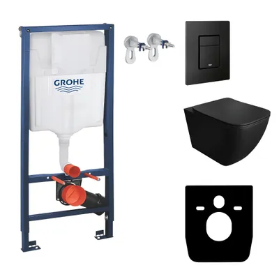 Produktbild von GROHE Vorwandelement Solido + Wand Hänge WC Onil Schwarz Spülrandlos + WC-Sitz SoftClose | Schwarzer Knopf | Komplettset | Unterputz Spülkasten |  Toilette Komplett Sett