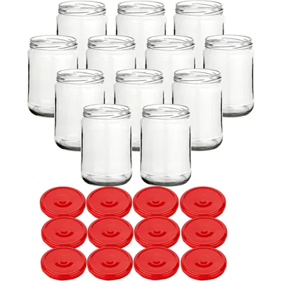 Immagine prodotto di set di 12 barattoli da conserva 580 ml classic con tappo a vite rosso - Barattoli da conserva rotondi con tappo a vite TO82 - Barattolo da marmellata vuoto, barattolo da conserva