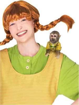 A person wearing a costume with a stuffed monkey on their shoulder.