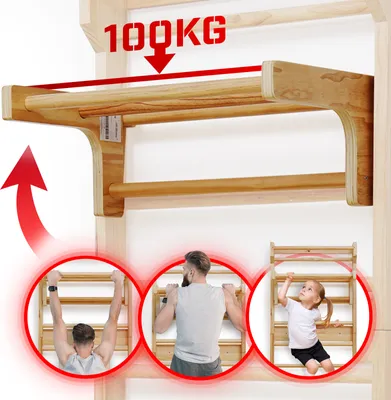 Zdjęcie produktu dla Physionics® Zdejmowana drążek do podciągania się na drabince gimnastycznej – nośność do 100 kg, 3 szczeble, 73 x 45 x 27 cm, wykonany z drewna, regulowana wysokość – drążek do podciągania się, drążek gimnastyczny, drążek do zawieszania, ścianka gimnastyczna