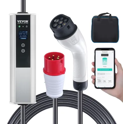 Imagen del producto de Cargador portátil para vehículos eléctricos, tipo 2, con enchufe CEE de 16A, cable de carga de 7,5 metros y pantalla LCD