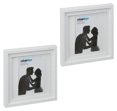 Productafbeelding van Relaxdays set van 2 fotolijsten, 25x25 cm, vierkant, fotolijsten om op te hangen of neer te zetten, met passe-partout, wit