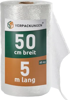 Produktbild von 1 x Luftpolsterfolie (0,5 x 5 m) echte 60 my stark, Versandfolie, Polsterfolie zum Schutz von empfindlichen Gegenständen, recycelbar BB-Verpackungen