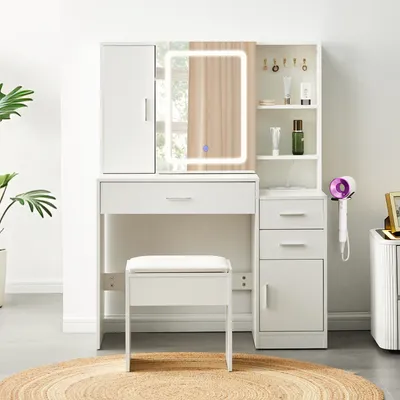 Image de CLIPOP 100x40x137,5cm Coiffeuse 3 tiroirs, avec station de chargement, support pour sèche-cheveux, lampe LED incluse