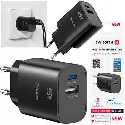 Obrázek produktu pro RYCHLÁ SÍŤOVÁ NABÍJEČKA GaN 1x USB-C 45 W PD + 1x USB-A 18 W QC SWISSTEN