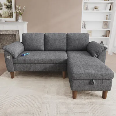 Productafbeelding van L-vormige hoekbank, 3-zits, chaise longue met opbergruimte, USB/Type-C poorten, zijvak, chenille (lichtgrijs)