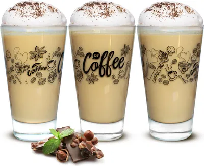 Produktbild von 6 Latte Macchiato Gläser 310ml Kaffeegläser Teeggläser Teegläser mit schwarzem Kaffee-Aufdruck