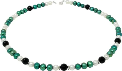 Produktbild von Kette Collier Halskette aus Perlen Süßwasser-Zuchtperlen & Onyx grün-schwarz-weiß 50cm