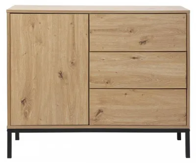 Zdjęcie produktu dla Komoda z 1 drzwiami i 3 szufladami, wykończenie dębowe, 90 x 80 cm - LENNY