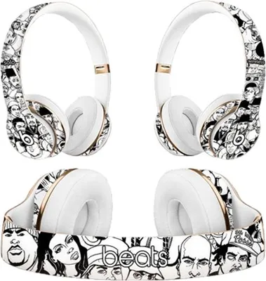 A collage of images showing Beats headphones with a custom black and white graphic design.