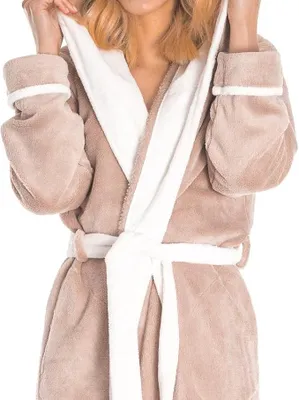 Produktbild von Leverie 611 Damen Bademantel mit bindegürtel und Kapuze, Beige-Weiß Gr. S