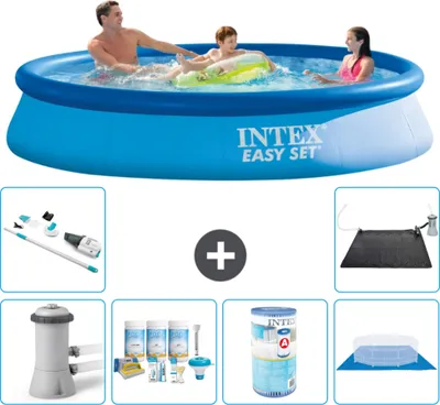 Produktbild von Intex runder aufblasbarer Easy Set-Schwimmpool – 366 x 76 cm – Blau – inklusive Pumpe Wartungspaket - Filter - Bodenplane - Staubsauger - Solarmatte