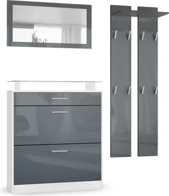 Produktbild von Vladon Garderobe Loret mini, Garderobenset bestehend aus 1 Schuhschrank, 1 Wandspiegel und 2 Garderobenpaneele, Weiß matt/Grau Hochglanz