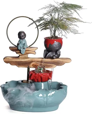 Produktbild von Tischbrunnen mit Wasserfall (39 cm) zur Entspannung, für Feng Shui und Meditation, mit kreisförmigem Wasserfluss – geeignet für Wohnzimmer und Büro