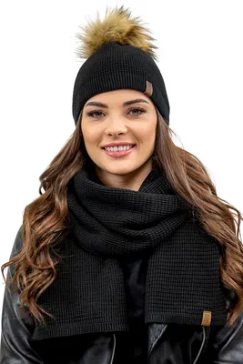 Image de Vivisence bonnet femme avec pompon et écharpe, couvre-chef et cache-cou pour l'hiver et l'automne, chaud et épais, bonnet d'hiver avec pompon, ensemble d'hiver pour femme, fabriqué en UE, noir, taille unique