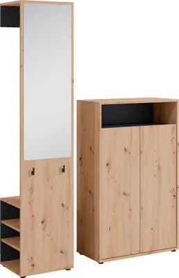 Produktbild von byLIVING Garderoben-Set LYON / Melamin Artisan Eiche kombiniert mit Schwarz / Hochschrank mit Spiegel / Schuhschrank / B 40, H 185, T 35 cm, B 70, H 115, T 33,5 cm