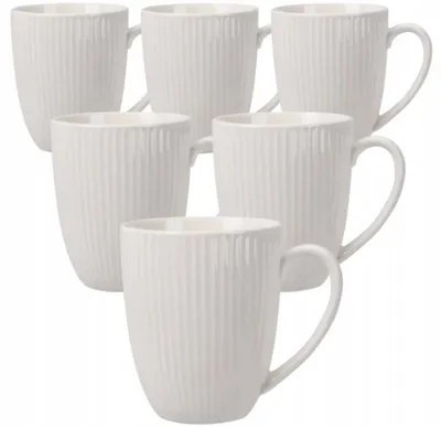 Zdjęcie produktu dla Komplet 6 Kubków Porcelanowych 330Ml Zestaw Kubków Białych Porcelana Prążek
