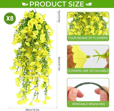 Imagen del producto de Flores artificiales de petunia, colgantes, 80 cm, juego de 8 unidades, color amarillo, para balcón y jardín