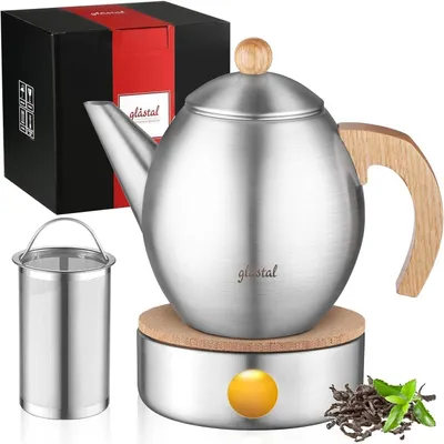 Productafbeelding van Thee kan met verwarmingselement, 1200 ml, borosilicaatglas, roestvrij staal, zilver