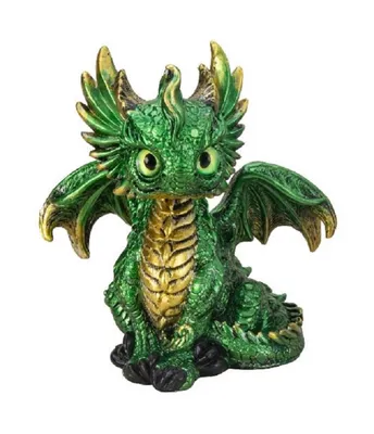 Das Bild zeigt eine detailreiche Figur eines grünen Drachenbabys. 